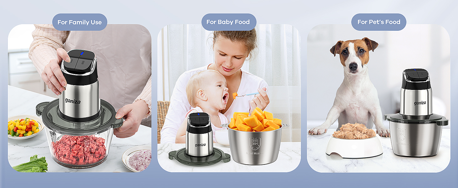 GANIZA food processor features 2 sets of blades and dual bowls