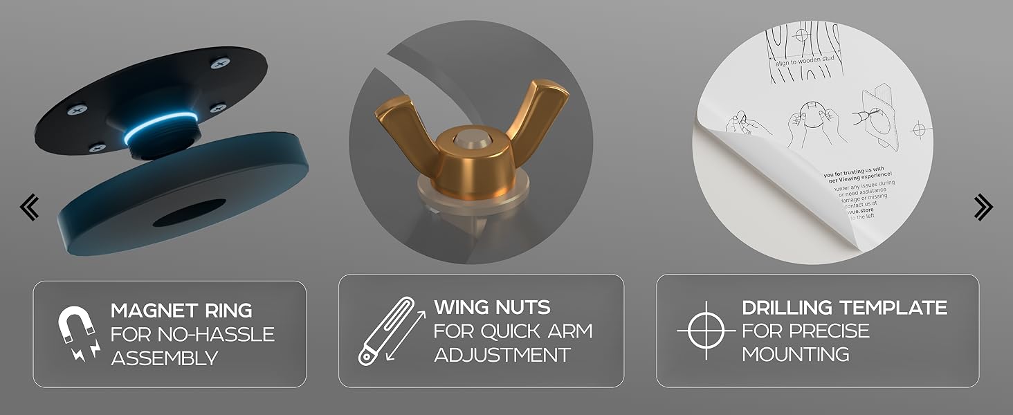Magnet ring assembly, hidden cable routing, drilling template, quick-adjust wing nuts.