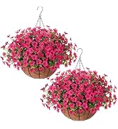 HyeFlora 2 Set Artificial Outdoor Flowers Hanging Basket, Faux Hanging Plants for Outside Spring ...