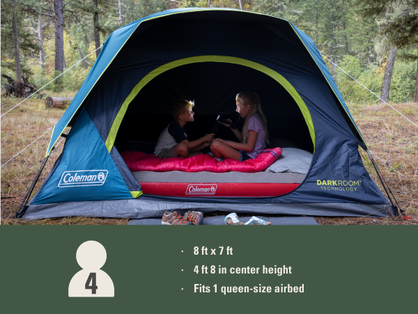 coleman skydome tent four person people camping fit room height size airbed queen sleep nice kids