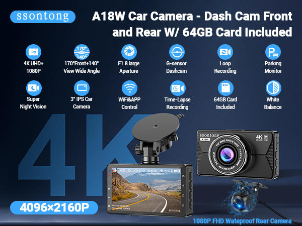 Dual dash camera system featuring 4K front camera and 1080P rear camera with 170° wide angle, night vision, and 64GB storage card included.