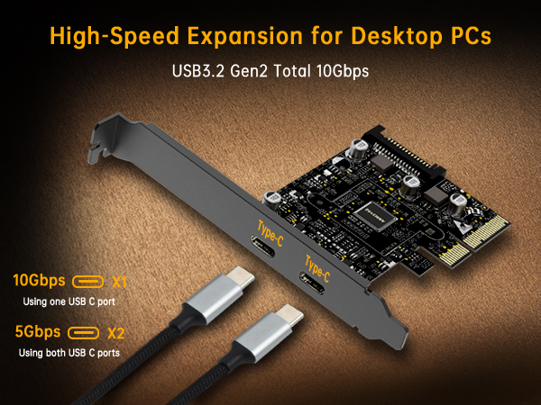 2-port USB C PCIe Card 10Gbps data transfer