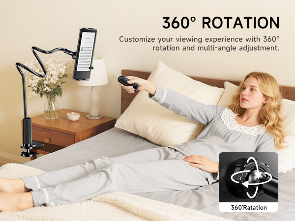 Text reads '360° ROTATION' and 'Customize your viewing experience with 360° rotation and multi-angle adjustment.' Demonstration of device mount rotation capability in bedroom setting.