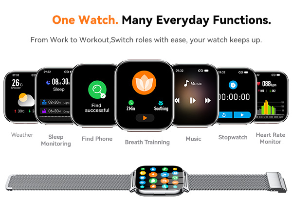 smart watch with Calorie Tracker, Stopwatch, Pedometer, Music Playback/Control, Weather