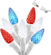 FESTIA Red White and Blue Lights C6 LED White Wire Patriotic Decorations Lights Outdoor 70L 24.8 ...