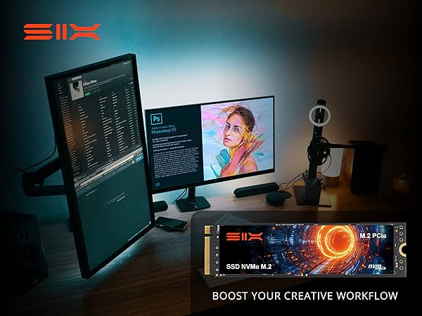 Text reads 'BOOST YOUR CREATIVE WORKFLOW'. Dual monitor desktop setup in dark room with blue ambient lighting, showing productivity software interfaces.