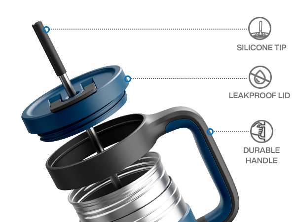 Detail - silicone tip, leak-proof lid, PowGrip handle, 18/8 stainless steel.