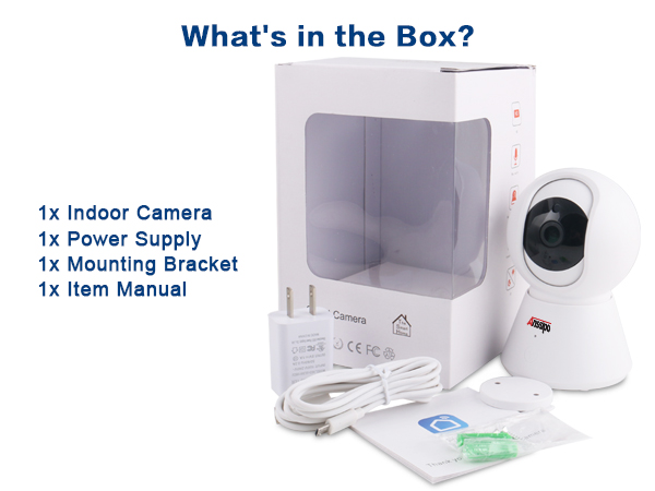 what is in the packaga with indoor camera, power supplym mounting, manual