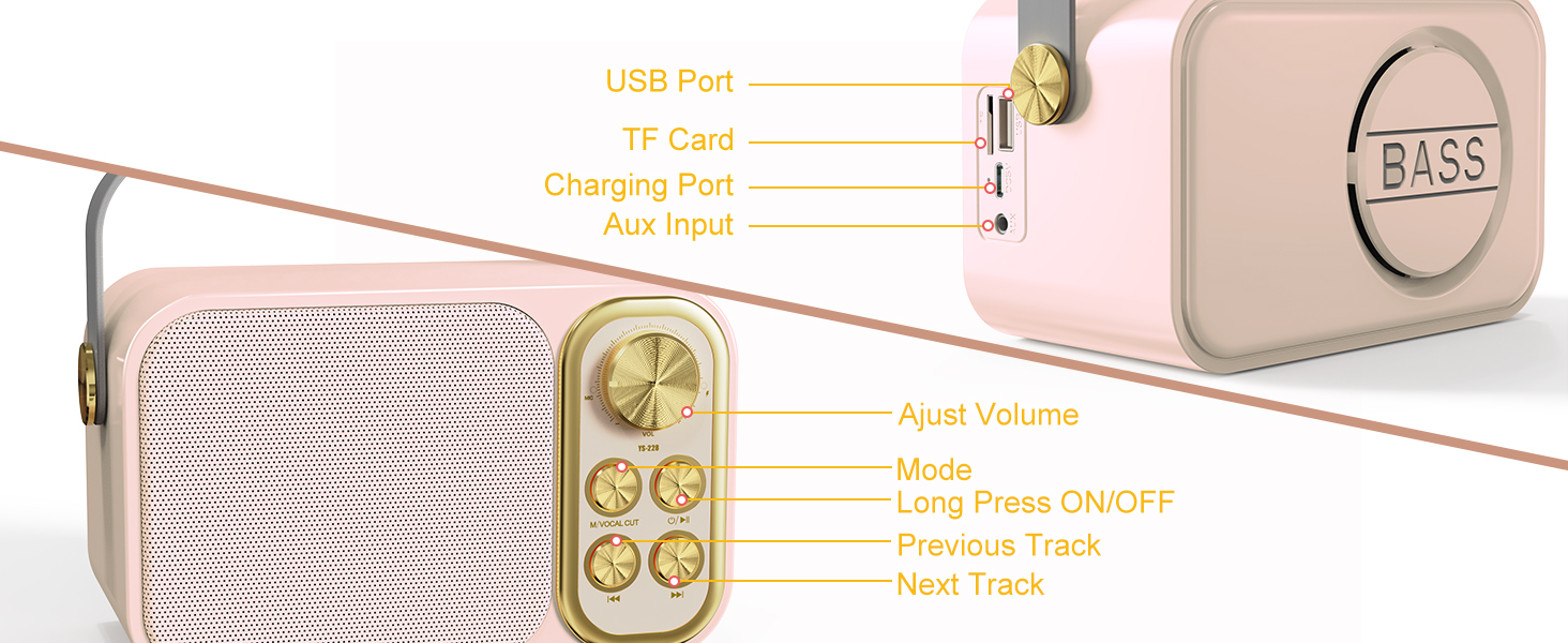 Pink portable speaker with labeled features including USB port, TF card slot, aux input, and control buttons. Features retro-style gold accents.
