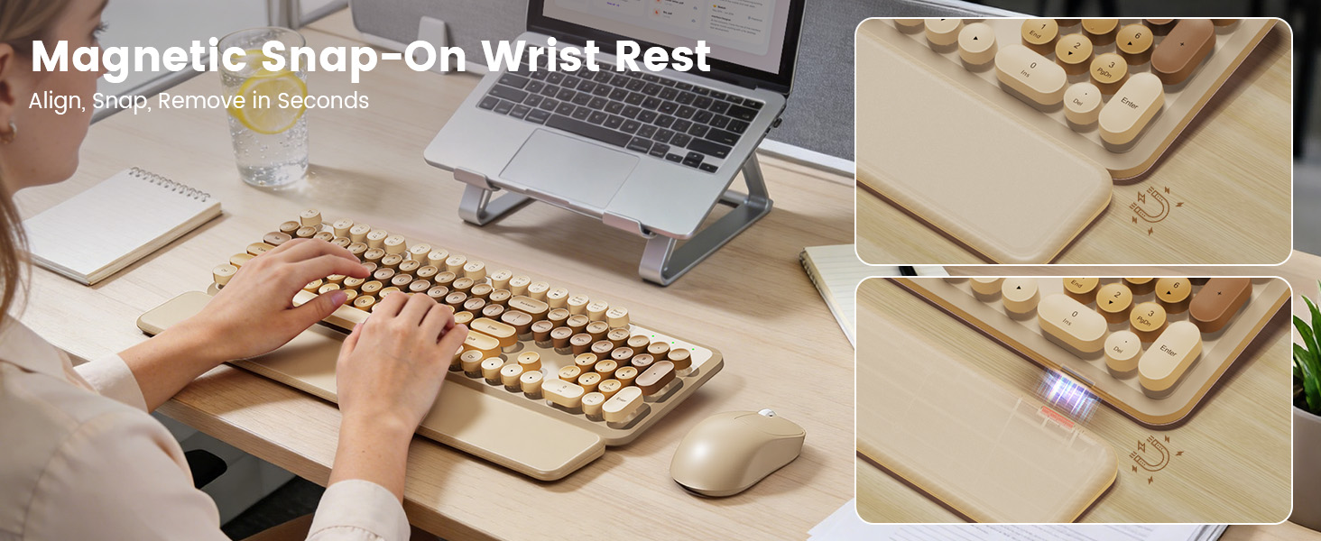 wireless keyboard with magnetic snap on wrist rest shown attaching and removing in seconds