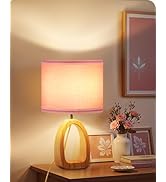 GOEBLESON Pink Table Lamp, 14.2" Small Cute Desk Lamp, Wood Bedside Lamp with Pink Linen Lampshad...