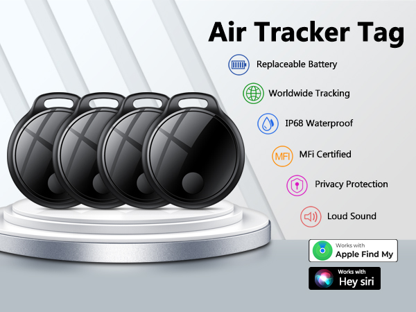 Text reads 'Air Tracker Tag'. Series of black circular tracking devices shown with icons indicating features like MFI Certified, Privacy Protection, Waterproof, Local Sound, and Apple Find My compatibility.