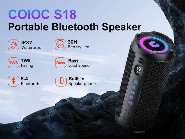 Text reads 'COIOC S18 Portable Bluetooth Speaker'. Product demonstration images showing speaker with LED lighting effects.