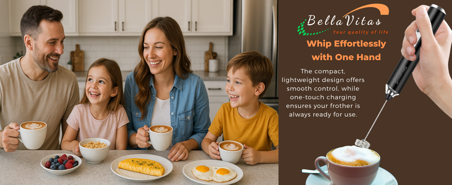 Family enjoying breakfast with lattes; BellaVitas frother whipping foam into a cappuccino.