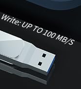 Close-up of a black USB drive with white text reading 'Write: UP TO 100 MB/S', highlighting its data transfer speed.