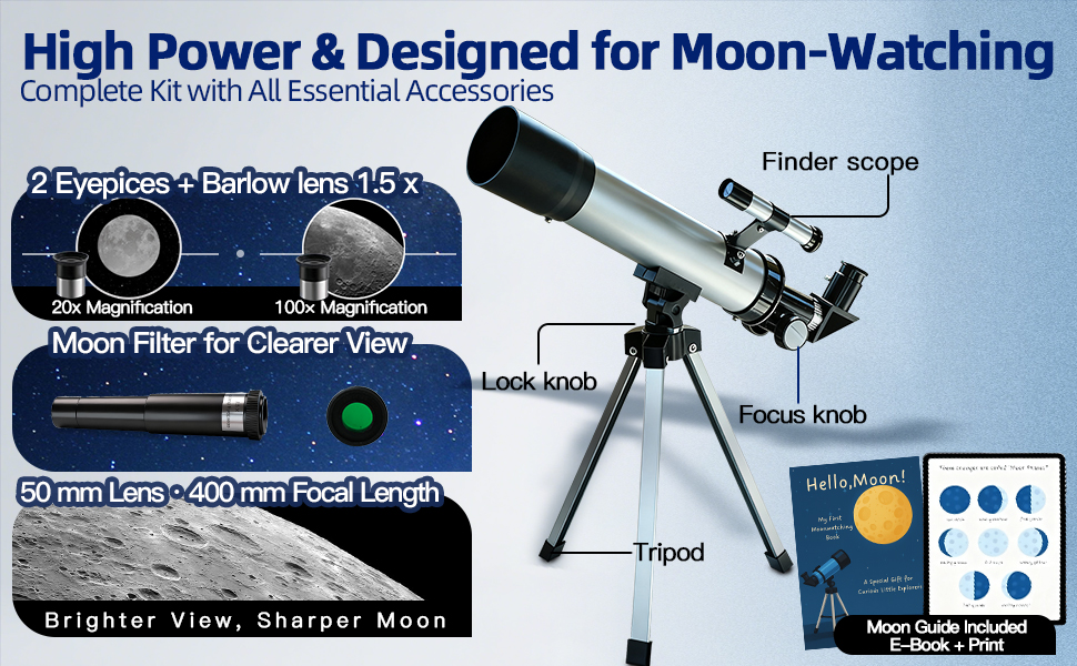 Telescope for Kids 50mm 100x Magnification Beginner Telescopio with Tripod