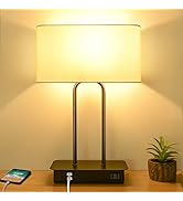 3-Way Dimmable Touch Control Table Lamp with 2 USB Ports and AC Power Outlet Modern Bedside Night...