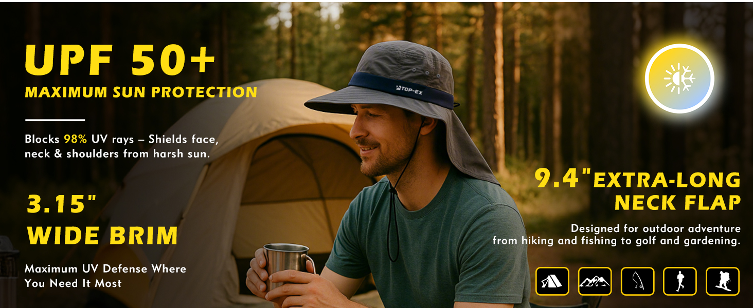 Man wearing UPF 50+ sun hat with 3.15&amp;#34; wide brim and 9.4&amp;#34; neck flap while camping in the forest