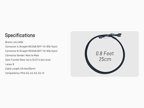 LetLinkSo Gen5 PCIe 5.0 MCIO 8i to MCIO x8 Extension Cable Straight Male SFF-TA-1016 74pin