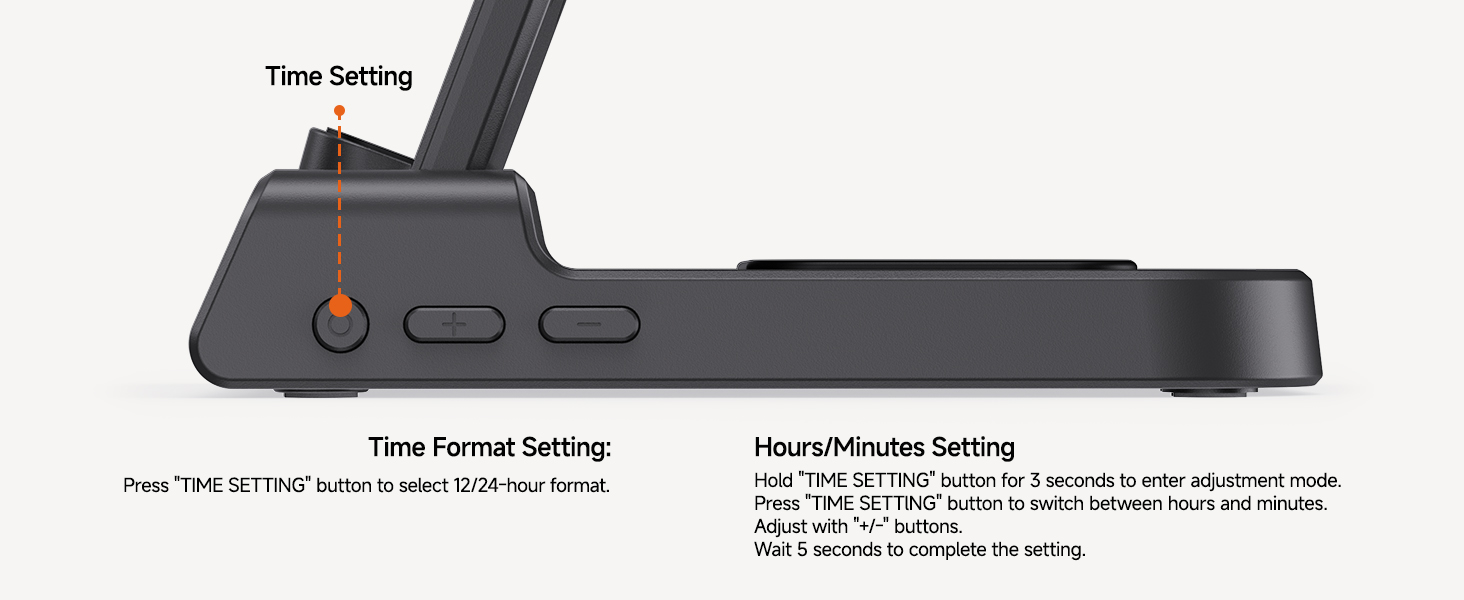 Text reads 'Time Spring' and 'Time Format Setting' and 'Hours/Minutes Setting'. Close-up of black device interface showing time adjustment controls and buttons.