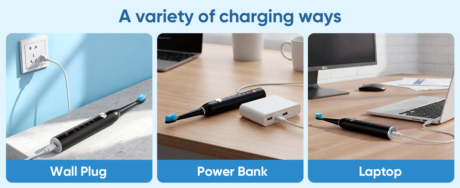 Text reads 'A variety of charging ways'. Shows three charging options labeled 'Wall Plug', 'Power Bank', and 'Laptop' with corresponding device connection illustrations.