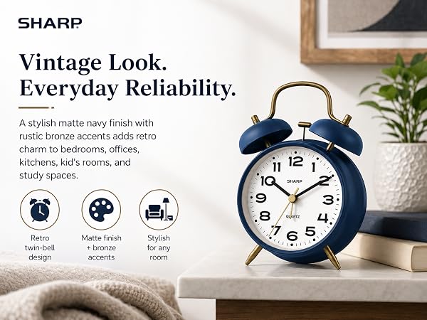 loud alarm clock for bedroom retro style vintage mid century modern battery powered simple easy 