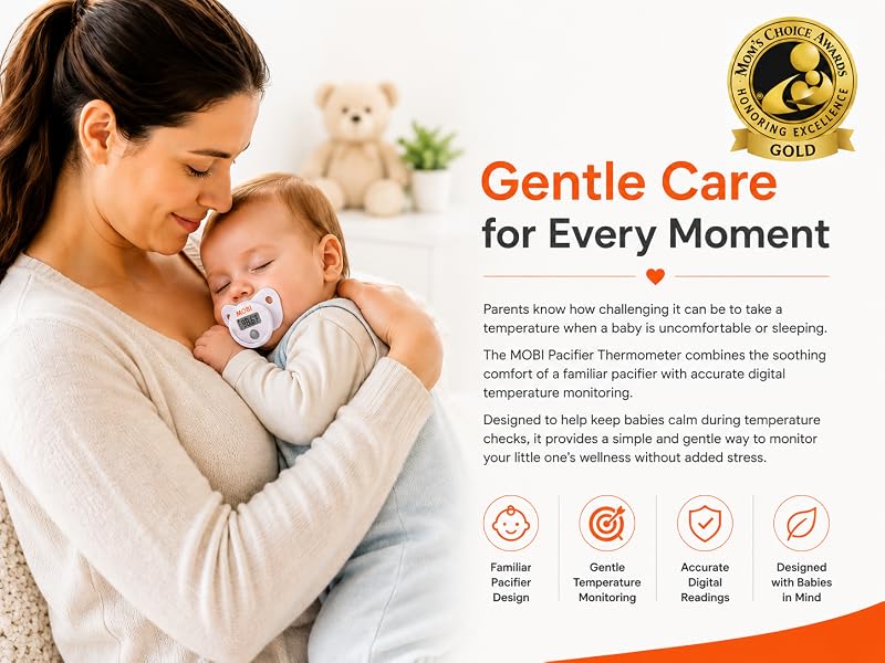 Mother holding sleeping baby using MOBI Pacifier Thermometer, gentle and comfortable temperature 