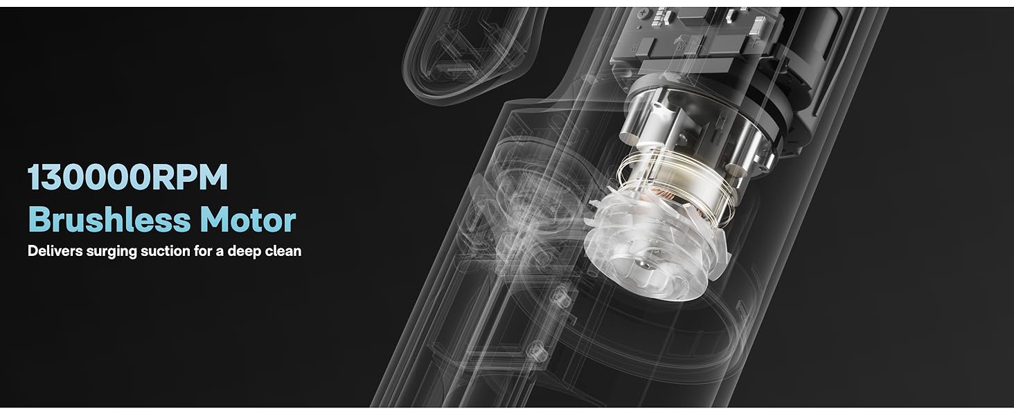 225W brushless motor (130,000 RPM) delivers strong suction for deep clean