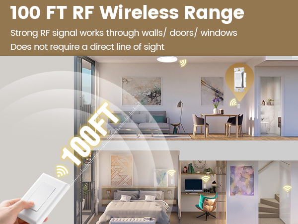 3-way switch offers RF signal works through walls and doors, controlling lights up to 100 feet away