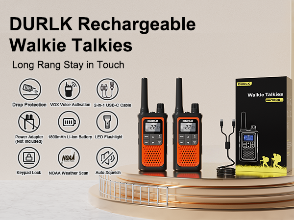 DURLK 2 pack walkie talkies for adults in orange orange with adapter cables and box