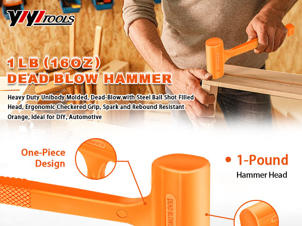 The 1lb dead blow hammer features a heavy-duty, one-piece forged steel with PVC plastic coating.