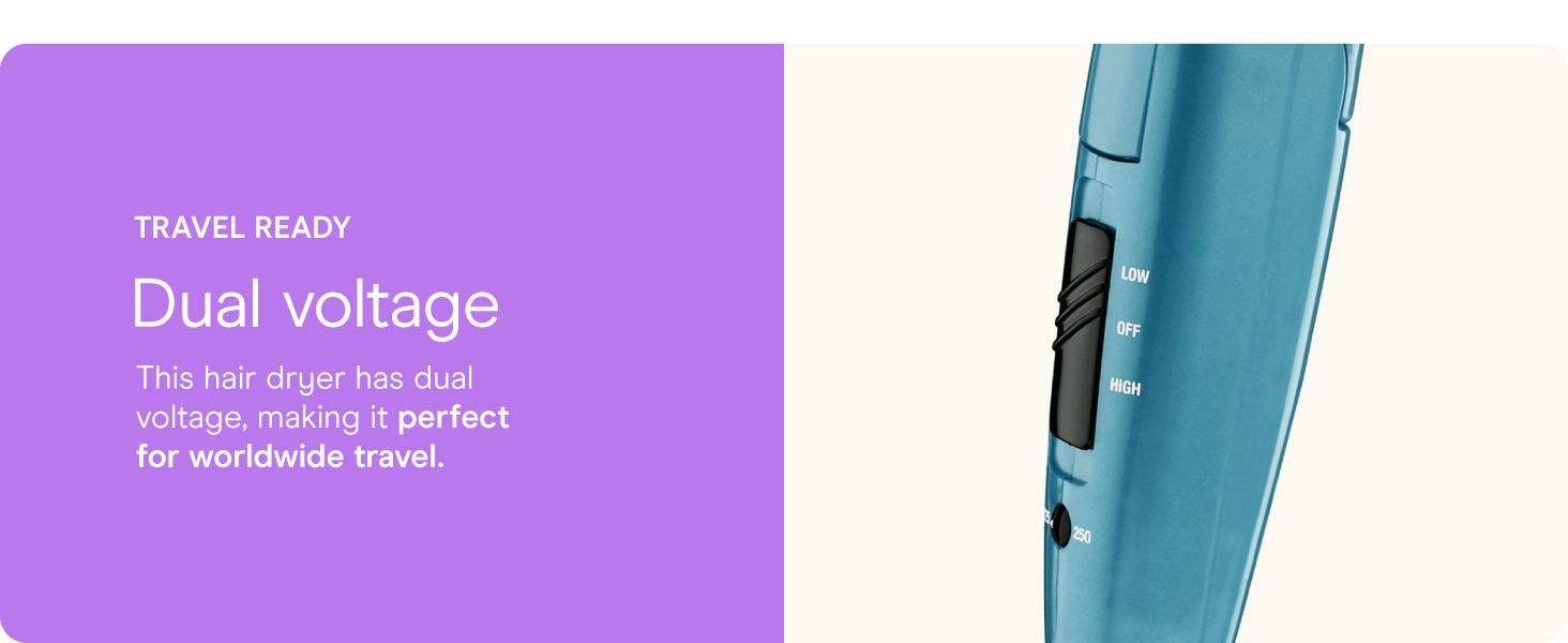 Conair small, mini, and compact hair dryer for travel. Handle folds for easy storage.