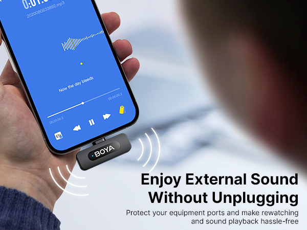 External audio adapter device shown with smartphone playing music, featuring wireless connectivity and port protection capabilities.