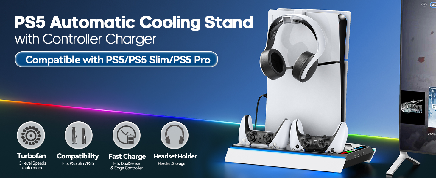 PS5 gaming accessory stand with charging capability, displaying headphone holder and controller dock features with blue LED lighting accents.