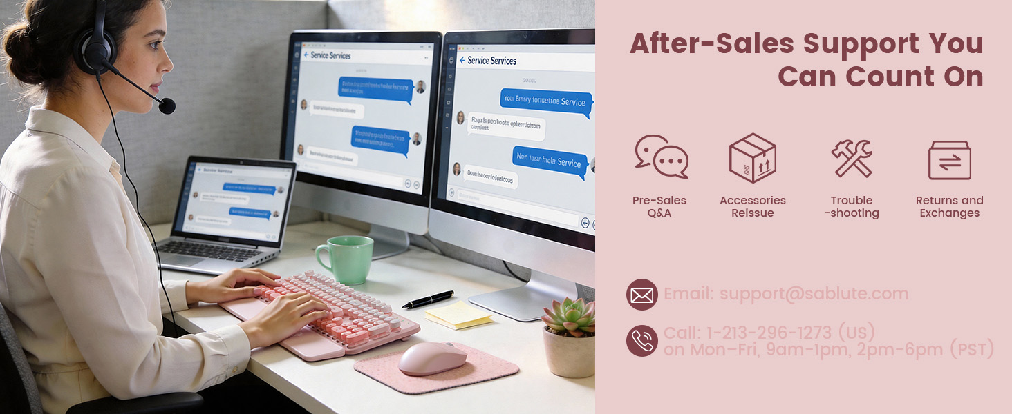 Customer using pink wireless keyboard mouse combo at desk if any issue contact Sablute support