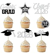 48 PCS Grad Cupcake Toppers, Congrats Graduation Cake Topper, Class of 2026 Black and Silver Grad...