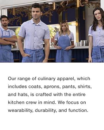 Our range of culinary apparel includes coats, aprons, pants, shirts, and hats.