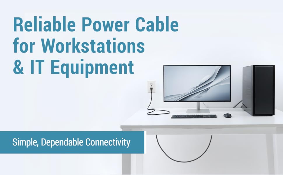 Desktop computer and monitor on a white desk connected to a wall outlet with a C13 power cord.