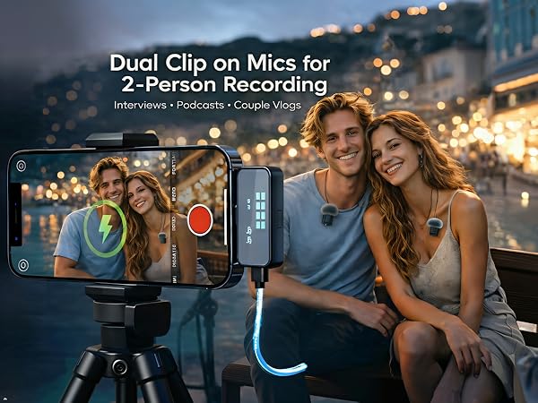 Dual wireless lapel microphones for 2-person smartphone vlogging, interviews, and podcasts