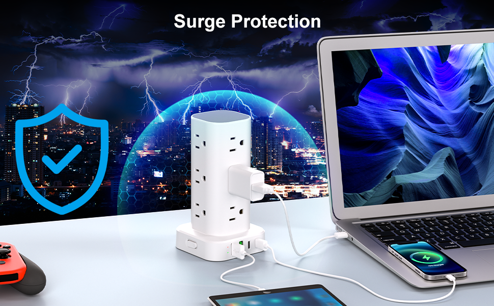 power strip tower surge protection extension cord flat plug 6ft 10ft multiple outlet multi 12 ac