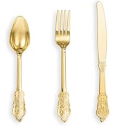 N9R 120PCS Gold Plastic Silverware, Disposable Silverware Include 40 Forks, 40 Spoons, 40 Knives,...