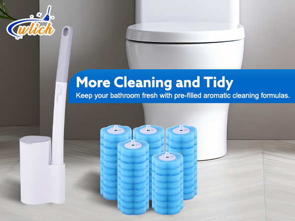 Text reads 'More Cleaning and Tidy'. Display of blue cylindrical cleaning supplies arranged in rows, shown in bathroom setting.