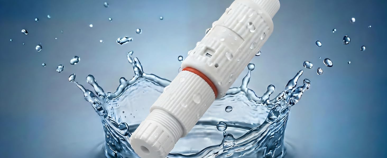 White cylindrical bottle with red band splashing through blue water splash against blue background. Product appears waterproof or water-resistant.