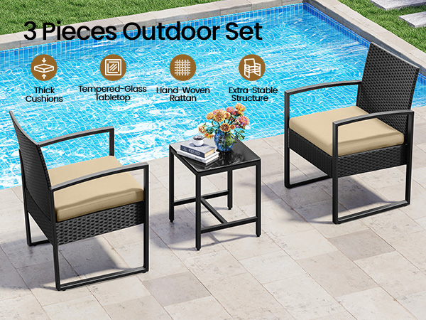  3-Piece Patio Set Rattan Chairs &amp; Table 