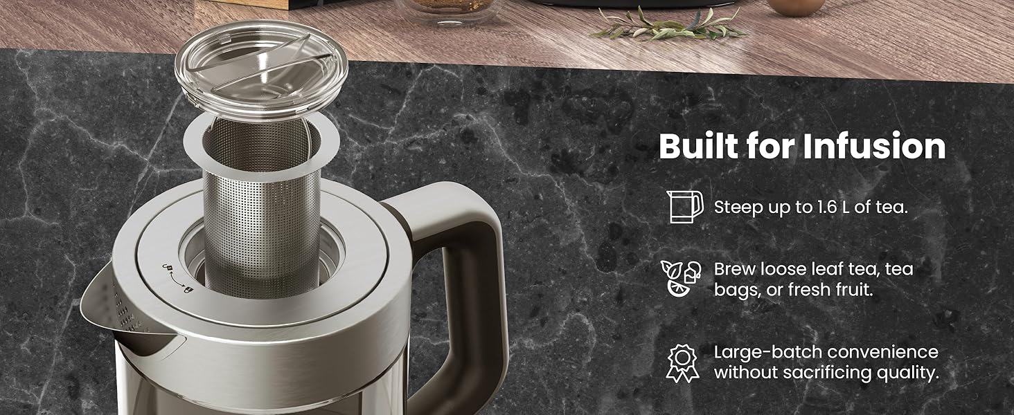 Built-in Removable Stainless Steel Tea Steeping Filter to Brew Tea Leaf, Bags or Fruit Water, Too!