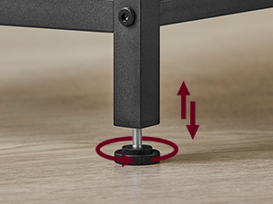 Close-up photo of furniture leg with red arrow indicating upward direction, showing leveling or adjustment mechanism.