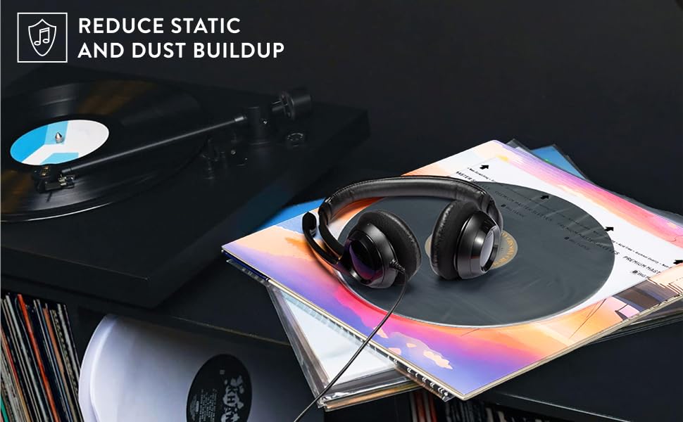 Text reads 'Image 3' and 'REDUCE NOISE AND DUST BUILDUP'. Turntable with vinyl record and headphones on reflective surface with colorful album covers.
