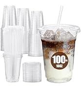Glotoch Plastic Iced Coffee Cups with Lids and Straws [100 Sets - 16oz] Disposable Clear Crystal ...