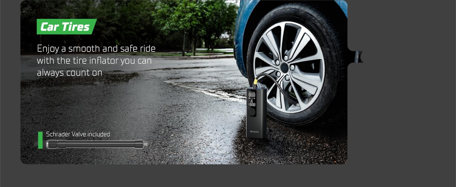 Car tire inflator connected to front passenger tire, displaying compact and cordless design