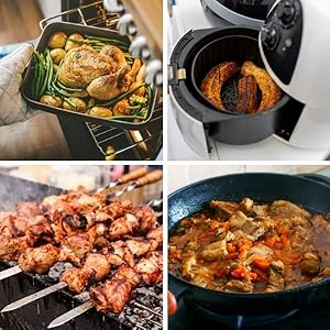 cooking in oven, air fryer, barbecue, and skillet